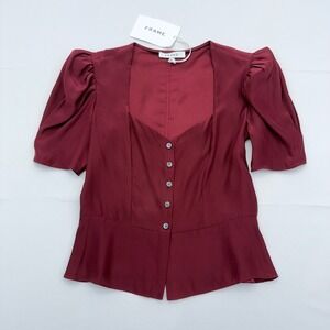 NWT Frame Silk Blouse Peplum Button Front Women XS Puff Short Sleeve Oxblood Red